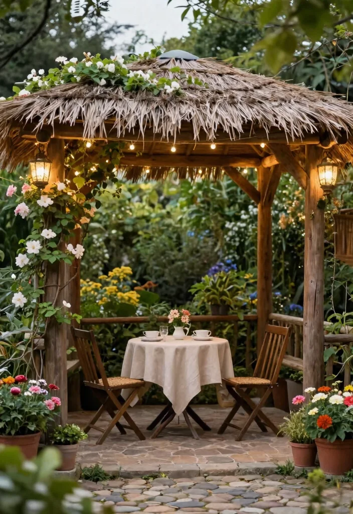 10 Outdoor Pergola Ideas With Roof for All Weather Use - 1. Rustic Wooden Pergola with Thatched Roof 1