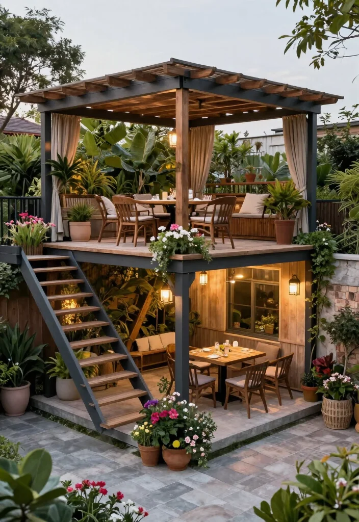 10 Outdoor Pergola Ideas With Roof for All Weather Use - 10. Multi-Level Pergola 1