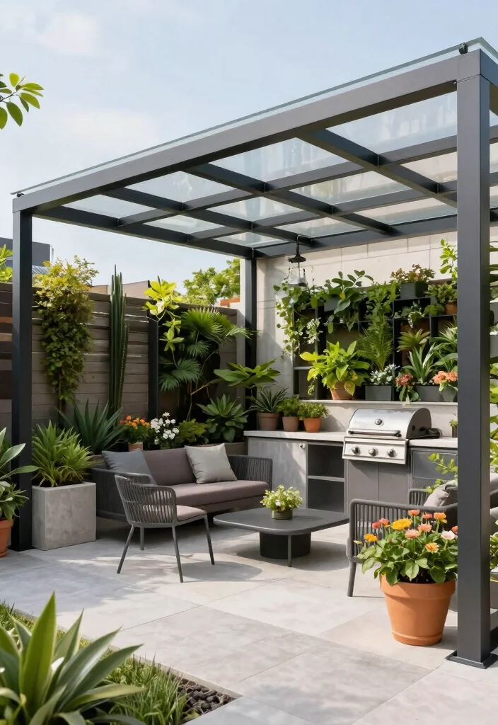 10 Outdoor Pergola Ideas With Roof for All Weather Use - 2. Sleek Metal Pergola with Transparent Panels 1