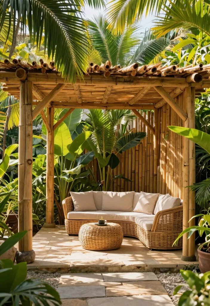 10 Outdoor Pergola Ideas With Roof for All Weather Use - 8. Eco-Friendly Bamboo Pergola 1