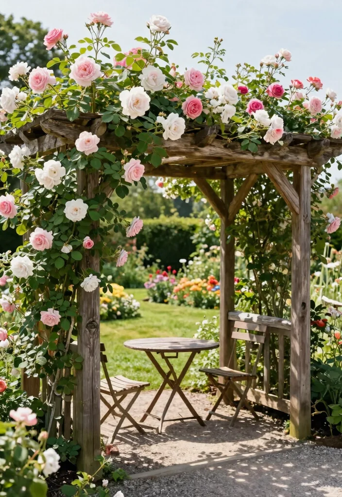 10 Pergola Trellis Ideas for Shade and Climbing Plants - 1. Rustic Wood Pergola with Climbing Roses 1