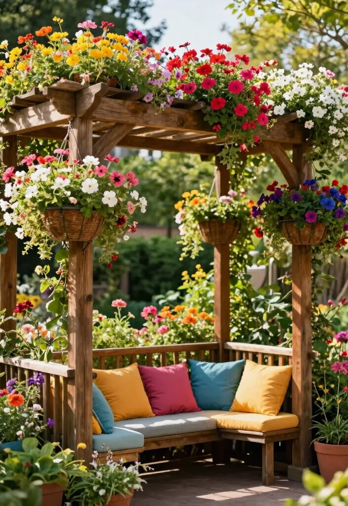 10 Pergola Trellis Ideas for Shade and Climbing Plants - 10. Pergola Retreat with Hanging Baskets 1