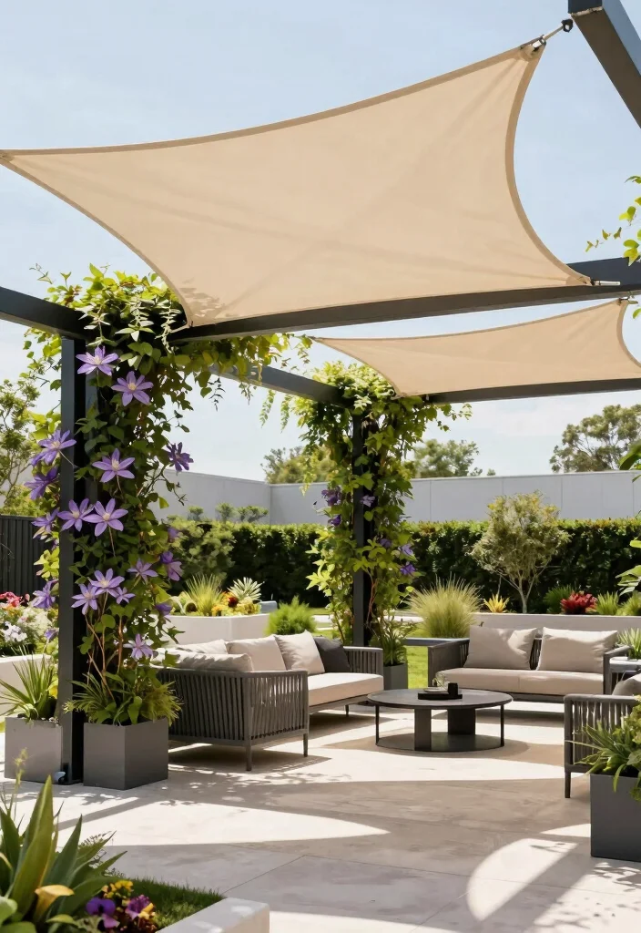 10 Pergola Trellis Ideas for Shade and Climbing Plants - 6. Shade-Sail Pergola with Climbing Plants 1