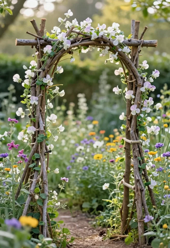10 Rustic Trellis Ideas for Natural Garden Charm - 10. Whimsical Twig Trellis 1