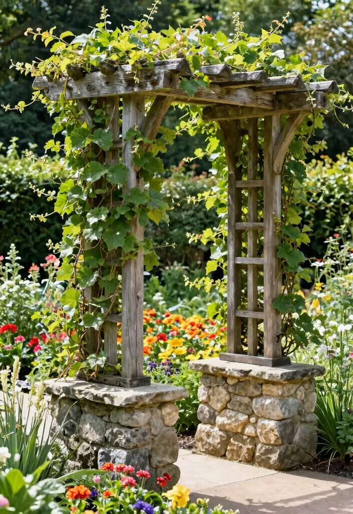 10 Rustic Trellis Ideas for Natural Garden Charm - 9. DIY Stone and Wood Trellis 1