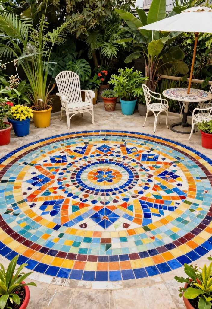 10 Semi Circle Patio Ideas for Soft and Inviting Layouts - 5. Colorful Tile Mosaic 1