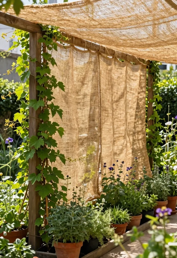 10 Shade Cloth Fence Ideas for Privacy and Sun Control - 2. Naturalistic Approach with Jute Shade Cloth 1
