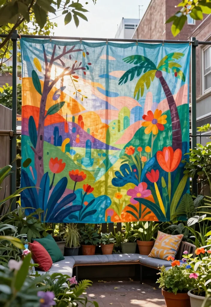 10 Shade Cloth Fence Ideas for Privacy and Sun Control - 7. Artistic Shade Cloth Murals 1