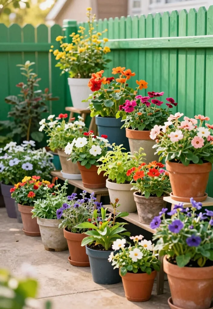 10 Side Yard Patio Ideas to Use Narrow Outdoor Areas - 5. Colorful Container Garden 1