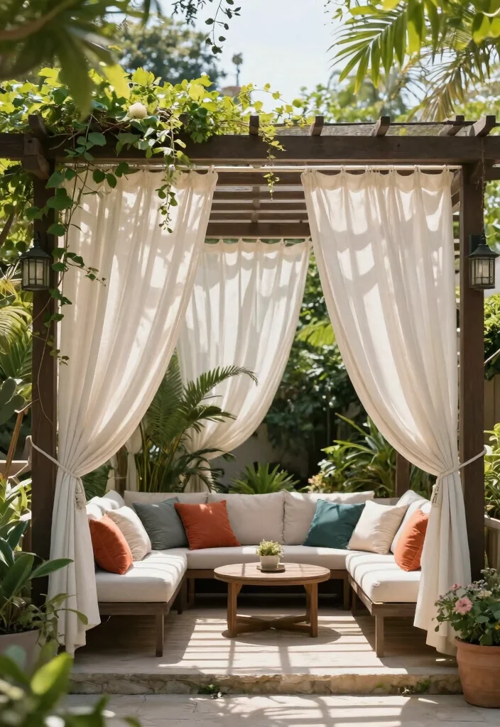 12 Backyard Pergola Ideas for Comfortable Outdoor Living 56 12 Backyard Pergola Ideas for Comfortable Outdoor Living 6. Pergola with Outdoor Curtains 0