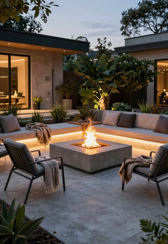 12 Concrete Backyard Ideas for Modern Low Maintenance Yards - 1. Concrete Patio with Built-in Fire Pit 1