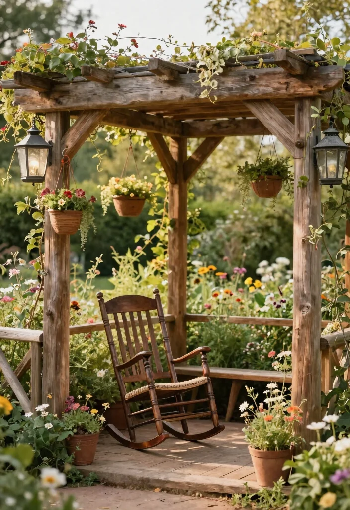 12 Garden Pergola Ideas for Relaxed Outdoor Design - 3. Rustic Wooden Pergola with Vintage Decor 1