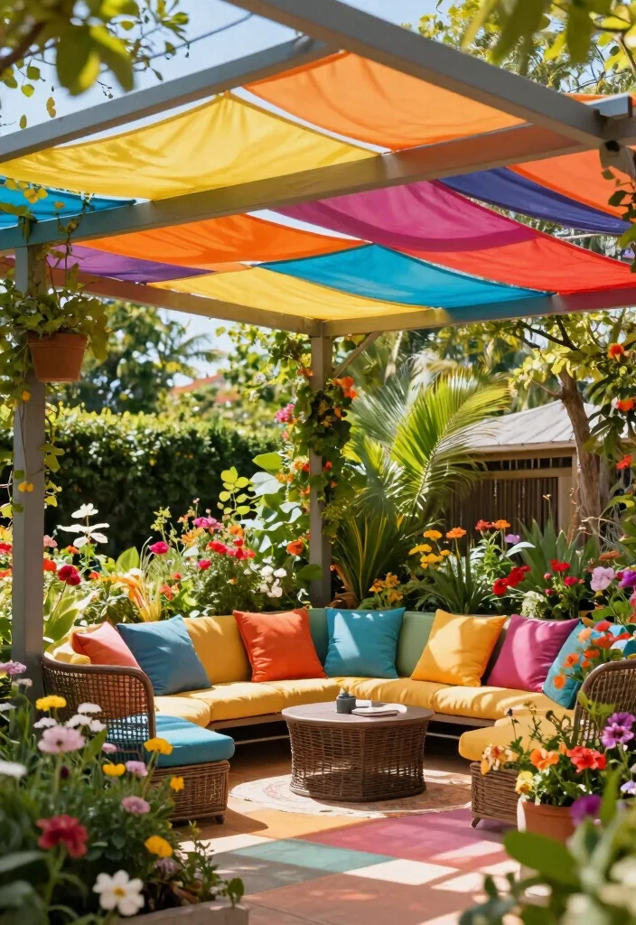 12 Garden Pergola Ideas for Relaxed Outdoor Design - 6. Colorful Canvas Shade Pergola 1