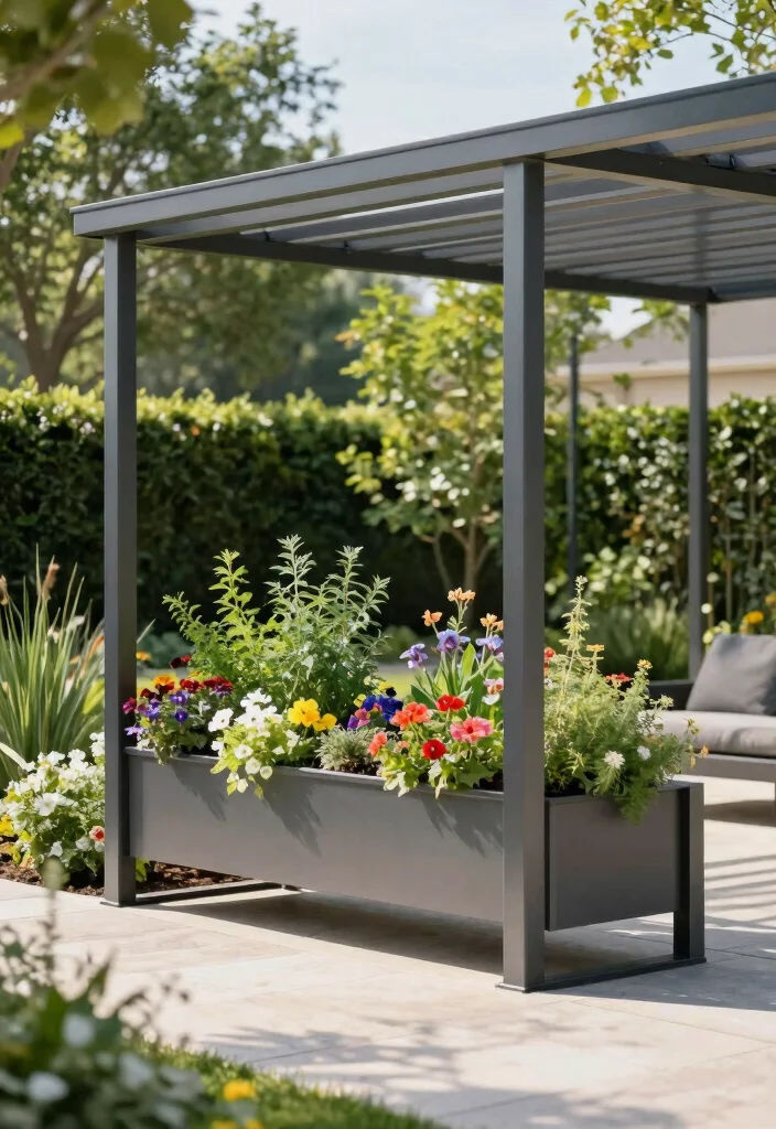 12 Garden Pergola Ideas for Relaxed Outdoor Design - 7. Stylish Metal Pergola with Integrated Planters 1