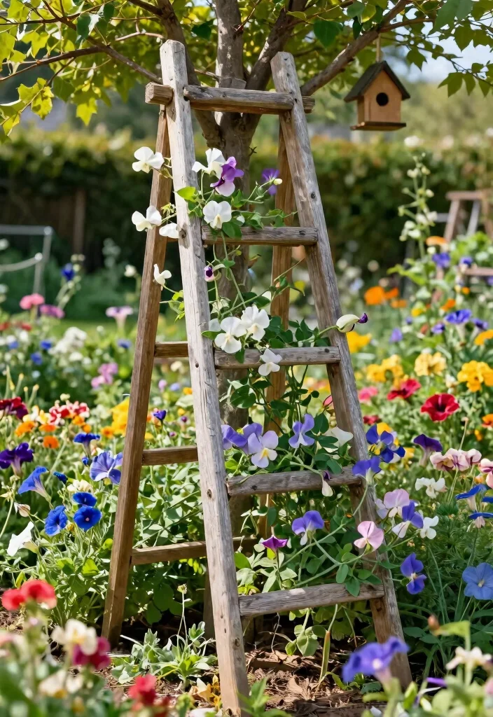 12 Outdoor Trellis Ideas for Vertical Garden Style and Support - 7. Repurposed Ladder Trellis 1