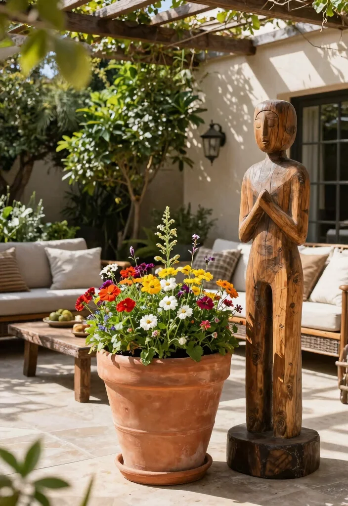 12 Rustic Outdoor Patio Ideas for Warm and Natural Style - 11. Statement Decor Pieces 1