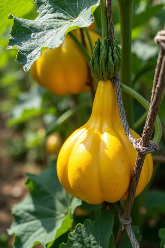 sturdy nylon slings support growing squash