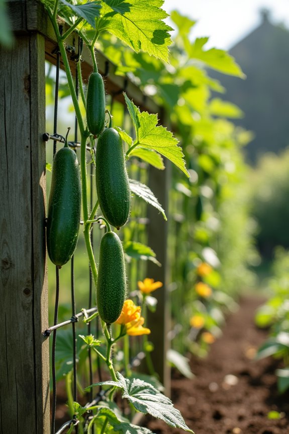 two cucumbers two melons beans uptrellis